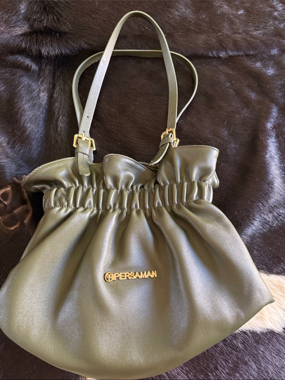 Persaman New York Olive Green Ruched Shoulder Tote with Gold Logo